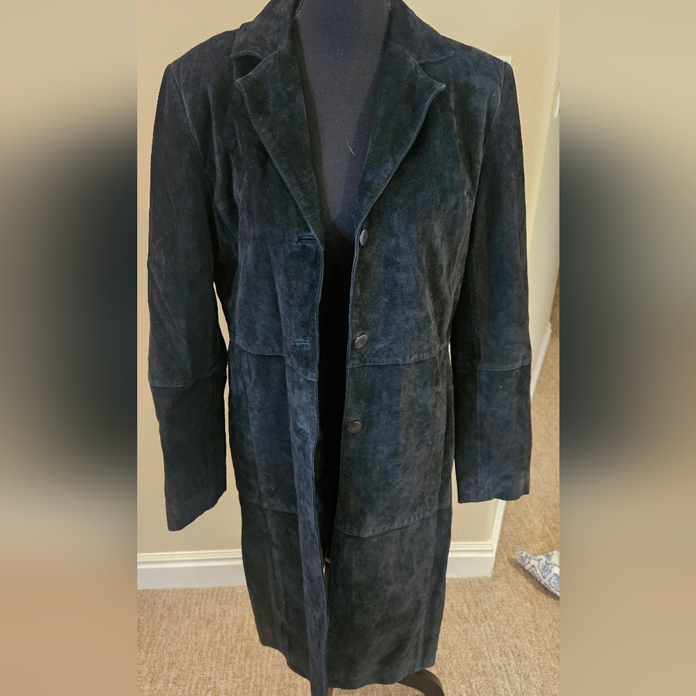 Gorgeous Long Black Leather Suede Coat